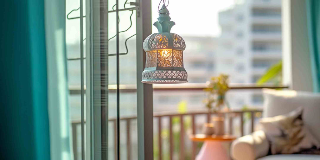 Photograph of a stylish pendant light illuminating a breakfast nook on a HDB balcony, showcasing how the right lighting can create the perfect, cosy atmosphere for early morning meals.