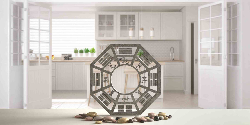 Image illustrating the application of a Bagua map, a key tool in Feng Shui, overlaid on a modern industrial HDB home interior design. The visual serves to emphasize the fusion of these two elements, demonstrating how to masterfully incorporate Feng Shui principles into a modern industrial design during an HDB home renovation project.