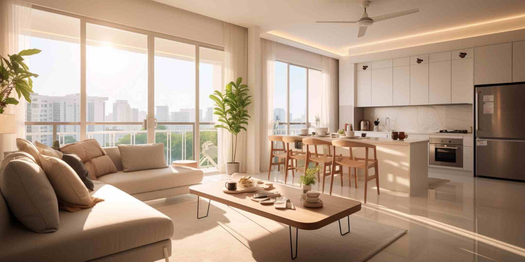 Image showcasing an integrated open-plan design in a HDB Jumbo renovation, featuring a seamless flow between the kitchen, dining, and living spaces, which enhances the feeling of spaciousness and facilitates communication and interaction.