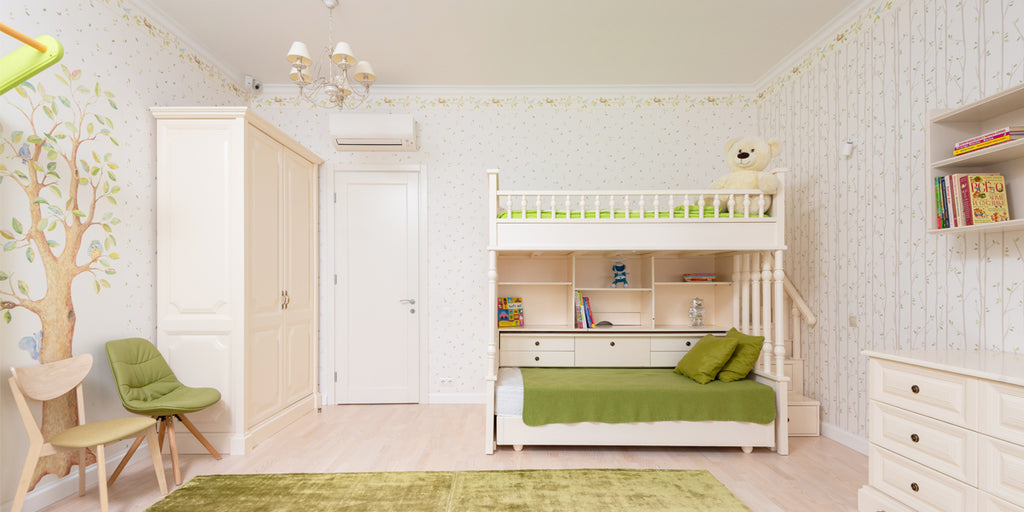 A modern Scandinavian kid's bedroom featuring a loft bed, showcasing key elements of minimalism and functionality inherent in Scandinavian interior design. The room is well-organized with a clean layout, neutral color scheme, and efficient use of space, demonstrating how these design principles can be implemented in a home renovation.