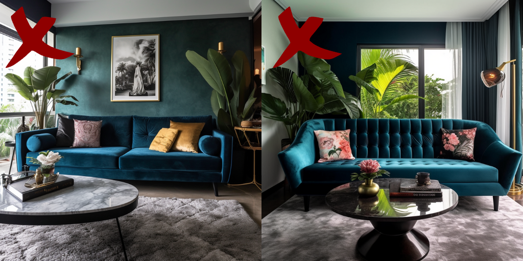 Examples of common mistakes in opulent velvet mid-century interior design for an HDB flat, showing poor furniture arrangement and clashing colors