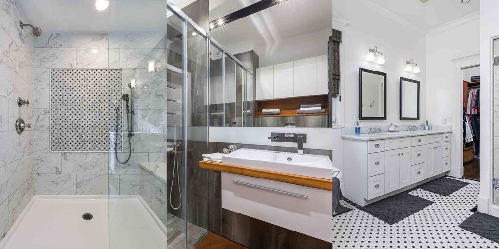 Split image displaying practical bathroom upgrades for Maisonette renovations. One image illustrates a walk-in shower for ease and accessibility, another shows a space-saving wall-mounted sink, and the final one features built-in storage for efficient organization, together demonstrating how to effectively enhance bathroom functionality and design