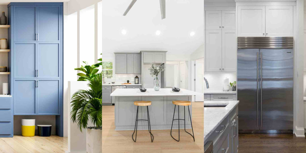 Split image showing practical kitchen upgrades for Maisonette renovations. One image highlights a high kitchen cabinet maximizing storage space, another showcases a multi-purpose kitchen island adding functionality, and the last features an energy-efficient refrigerator as a sustainable upgrade, collectively demonstrating efficient and practical changes to improve kitchen design.