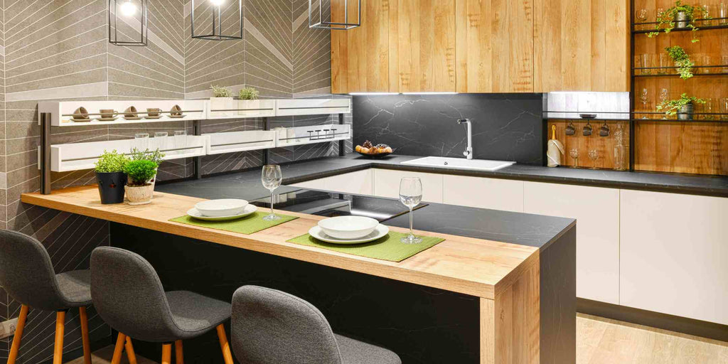 Image showing a modern kitchen interior with a harmonious combination of wood and metal materials. The picture illustrates a thoughtful selection of these materials in cabinetry, countertops, and appliances, creating a well-designed space that balances warmth and modernity