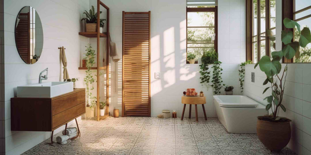 Image showcasing a chic bathroom that successfully employs layering techniques. The bathroom features patterned floor tiles, simple subway tiles on the walls, and wooden fixtures. These elements, each with its distinct pattern and texture, come together to create a visually pleasing layered aesthetic, demonstrating effective layering in interior design.