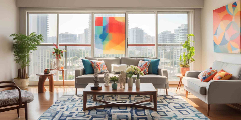 Image featuring a living room with a successful showcase of layering techniques, where geometric, ikat, and floral patterns are artfully mixed. The space demonstrates the power of successful layering projects in creating a visually intriguing and comfortable home space.