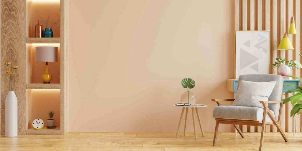 Visual representation of a small home renovation idea involving the psychology of colors. The image displays a fresh, inviting living room interior that uses a neutral color palette as its base, contributing to a sense of tranquility, spaciousness, and lightness in the room.