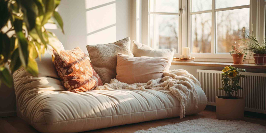 Изображение, иллюстрирующее идею ремонта небольшого дома с использованием многофункциональной мебели. В нем есть стильный современный диван, который можно превратить в удобную кровать, максимально увеличивая полезность жилого пространства в компактном доме.