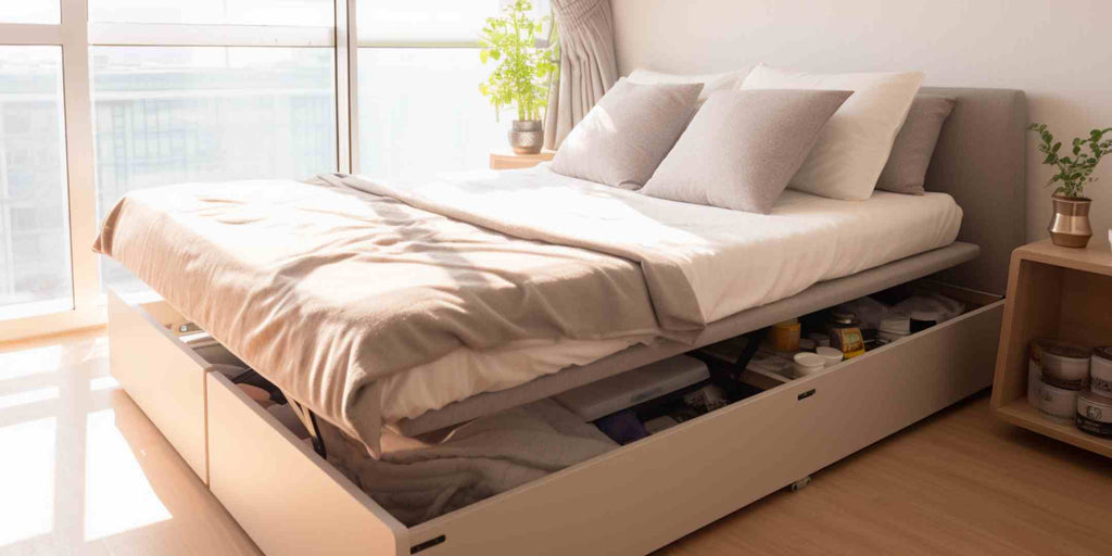 An image presenting a small home renovation concept that incorporates multifunctional furniture. The picture highlights a Scandinavian-style storage bed, which efficiently uses the space beneath the bed for storage, harmoniously combining function and design in a limited space.