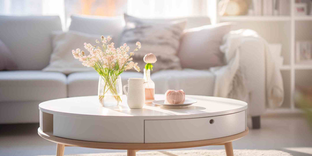 Graphic demonstrating a small home renovation idea, focusing on the use of multifunctional furniture. The image showcases a Scandinavian-style coffee table with built-in storage, exemplifying efficient space utilization in a minimalist, stylish manner