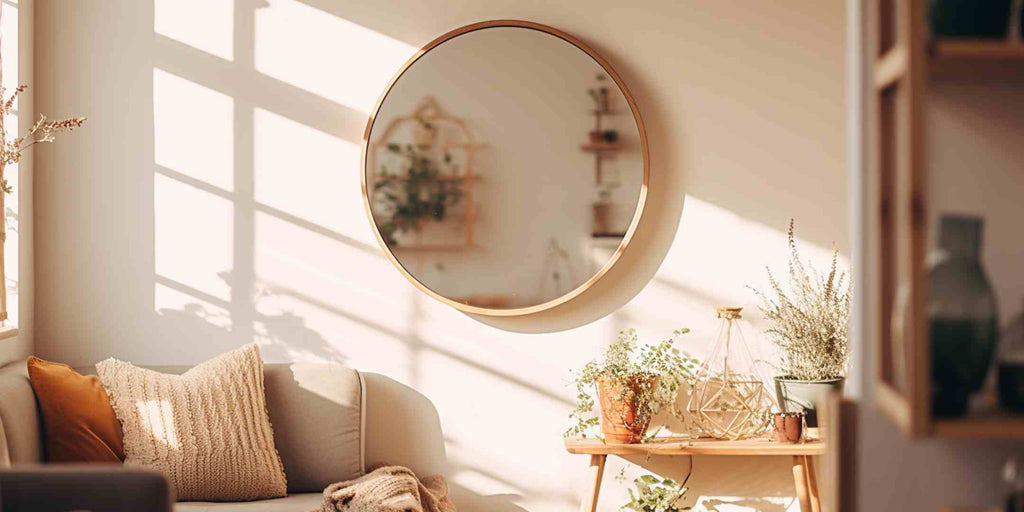 Image representing a small home renovation strategy, where a large round mirror is strategically placed in a Scandinavian-style living room. The use of the mirror creates an optical illusion, making the room appear larger and more spacious than it actually is.