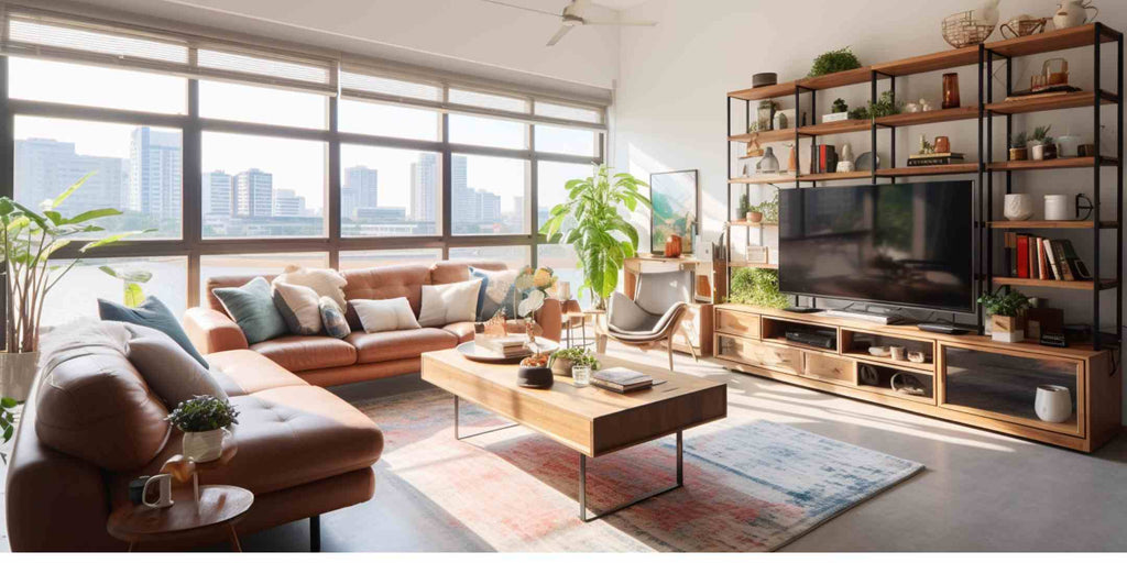 Image showcasing a modern industrial interior softened by the use of Feng Shui colours and materials. The visual features a neutral colour palette and matching decor elements, resulting in a more inviting and harmonious space. This illustrates how Feng Shui principles can complement and soften the typically stark aesthetics of industrial design.