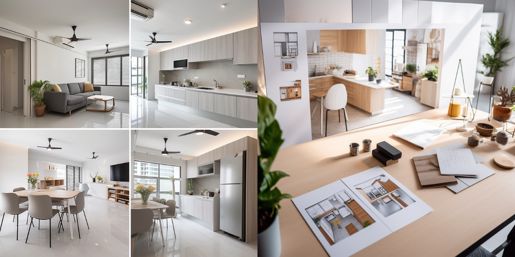 The Art of Creating Renovation Interior Design Mood Boards: A Step-by-Step Guide: Sequential, storyboard-like image showcasing the process of creating a Renovation Interior Design Mood Board in a bright and neat HDB flat in Singapore.