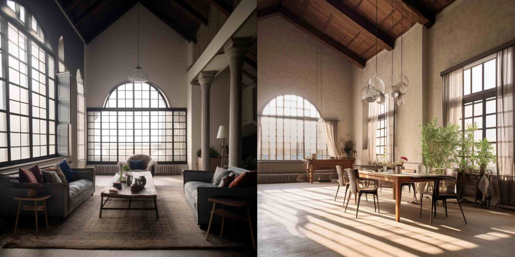 Image showcasing a split-image industrial loft style, featuring a high ceiling, exposed beams, and furniture made from raw materials. The title 'The Industrial Style Renovation for a 2-Bedroom HDB Flat - Key Elements,' underscores the characteristic features of an industrial-style interior design
