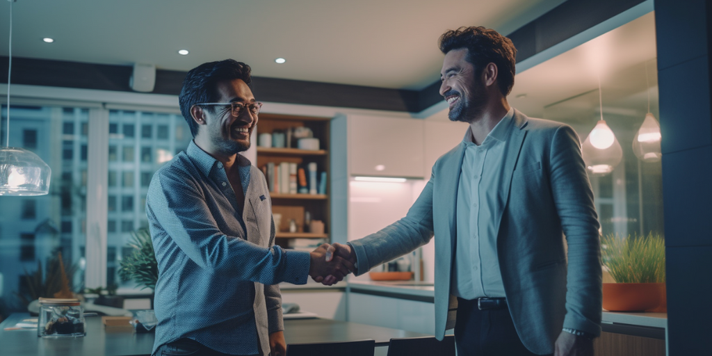 A homeowner and contractor shaking hands in a newly renovated, stylish HDB flat in Singapore, signifying a successful partnership and ongoing relationship with a reliable renovation company.