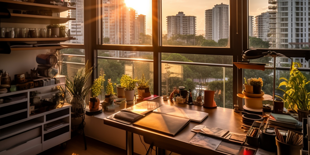 A sleek, budget-friendly desk setup in the foreground, with the laptop screen displaying a budget management spreadsheet. This image signifies the importance of smart budgeting and planning which are tips for maging HDB BTO renovation budget.