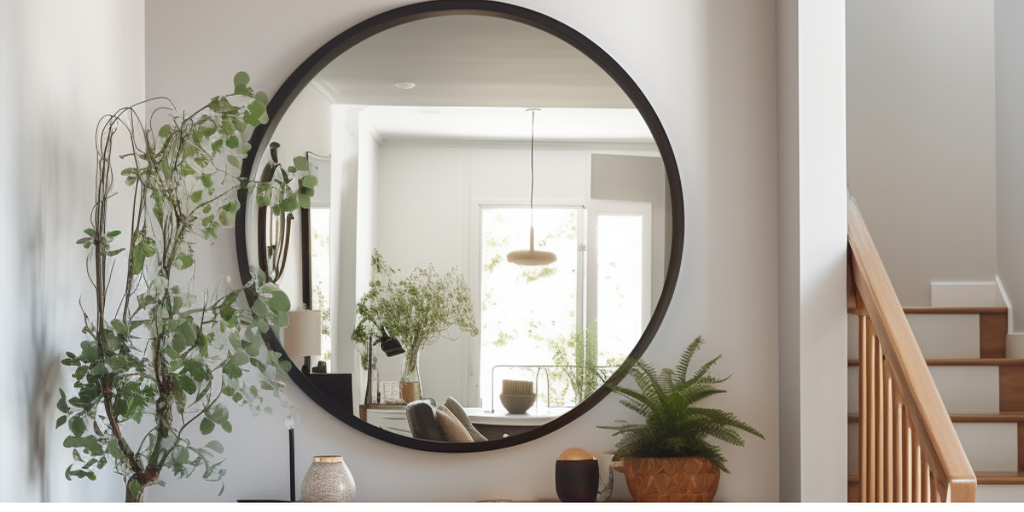 Create a Stunning Entryway with Megafurniture Renovation Interior Inspirations featuring a large, elegantly framed statement mirror as the focal point. The mirror reflects soft natural light that filters into the room, enhancing the inviting atmosphere.