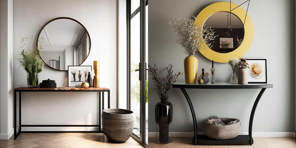 Top Renovation Ideas for an Impressive HDB Entryway: The images features sleek and stylish console tables situated in the entryway of an HDB flat and are adorned with matching accessories.