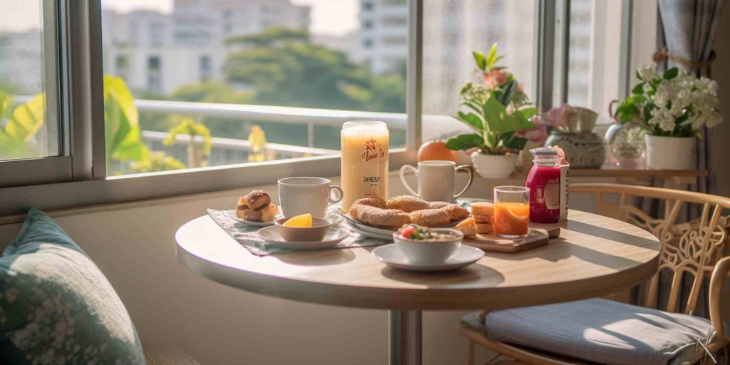 Photograph of a HDB (Housing Development Board) balcony in Singapore transformed into a relaxing breakfast nook, with a small table set with breakfast items and surrounded by plants, creating an inviting and serene morning atmosphere.