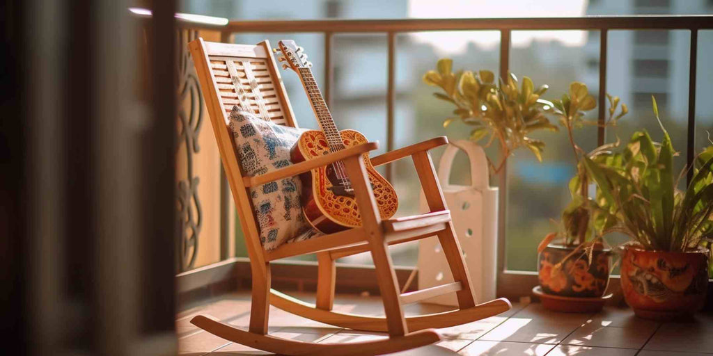 Image featuring a vintage rocking chair located in an HDB flat's balcony, accompanied by the title 'Furniture as Memory Points: A Unique Aspect of Renovation in Singapore.' The image underscores how key pieces of furniture can serve as memorable and unique aspects in the interior design of a home.