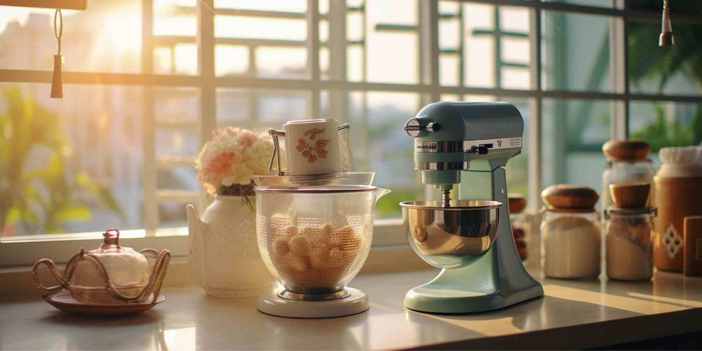 Image of a stand mixer on a kitchen counter, symbolising the importance of the order of works in a baker's kitchen remodelling process and how it can impact the overall functionality and efficiency of the space.