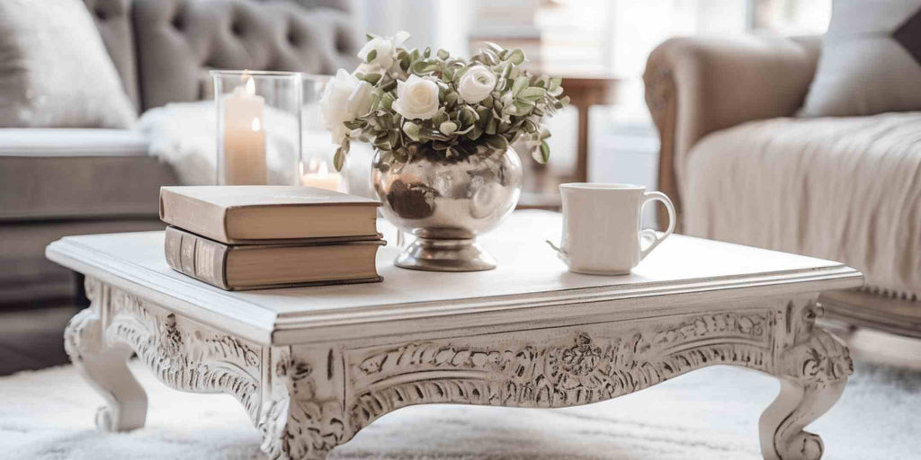 Close-up image of a coffee table tastefully adorned with decor, highlighting the importance of creating a focal point in a living space after home refurbishment.