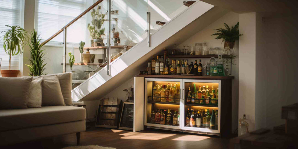 Image illustrating innovative use of dead spaces in a maisonette, focusing on an under-stair space revamped into a chic mini bar. Featured is a stylish wine storage cabinet that exudes elegance and sophistication.