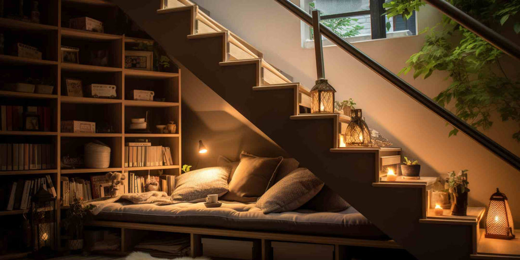 Image presenting innovative ideas for transforming underused areas in a maisonette. Showcases a cosy reading nook beneath the stairs, complete with a comfortable sofa, bookshelves filled with books, and a task light providing a warm ambiance.
