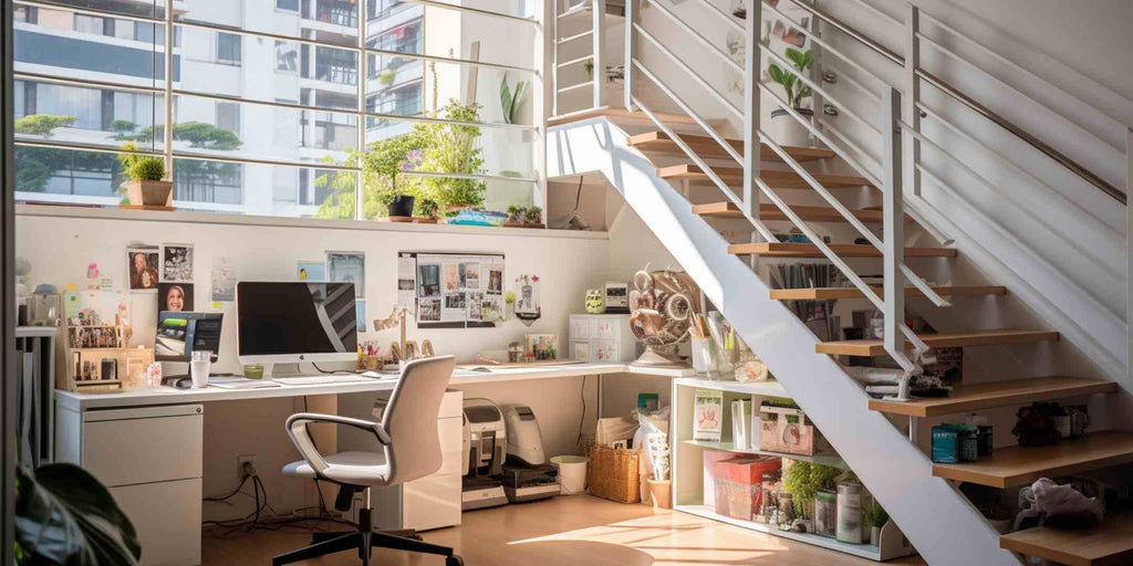 Image revealing how to optimise underused spaces in a maisonette, showing a functional home office set up in the space beneath the stairs. An L-shaped office desk forms the centerpiece, demonstrating an effective utilisation of the compact area.