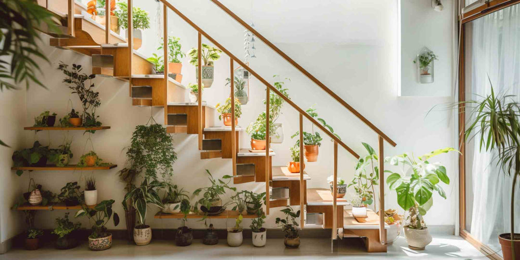 Image showcasing how to unlock the potential of underused spaces in a maisonette. It exhibits an under-stair space ingeniously converted into a lush indoor garden spot with a variety of indoor plants on floating shelves, creating a fresh and calming atmosphere.