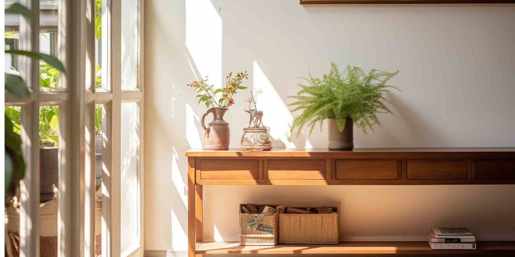 Image demonstrating how to maximize narrow corridors in maisonette homes by using slimline furniture and storage options. Showcases a wooden console table that fits perfectly in the corridor, offering practical storage without compromising on style and space.