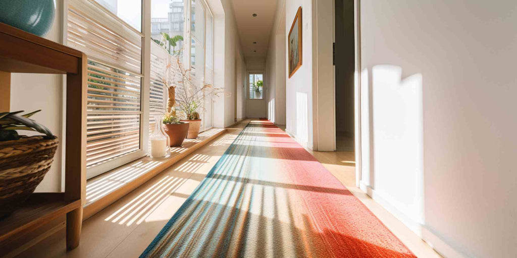 Image illustrating a creative way to add life to narrow corridors in a maisonette, by introducing colour and pattern play. Showcases a bold horizontal rug that adds warmth and vibrancy, breaking the monotony and visually expanding the space.