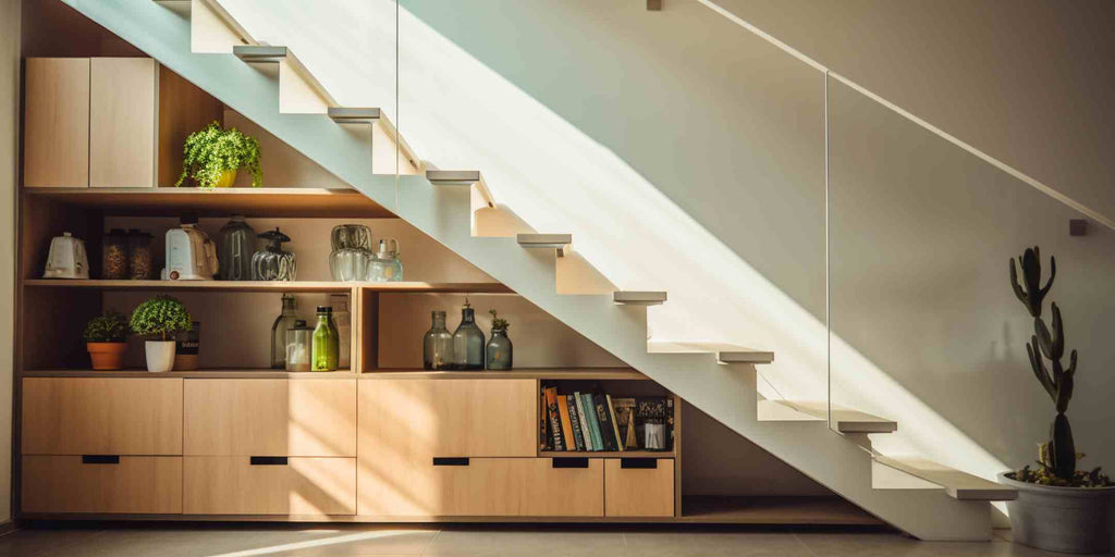 Image highlighting innovative ways to revamp under-stair space in a maisonette. A view of a hidden storage haven is featured, showing a well-organized, compact under-the-staircase storage cabinet.