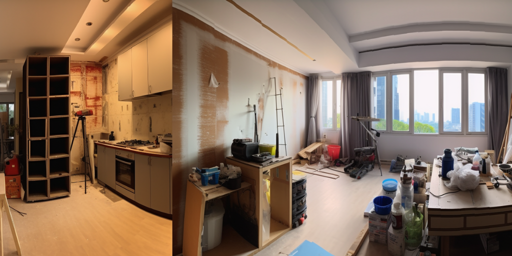 An HDB flat in Singapore under renovation with visible construction materials and tools, representing what homeowners can expect during the process of transformation by a professional renovation company.