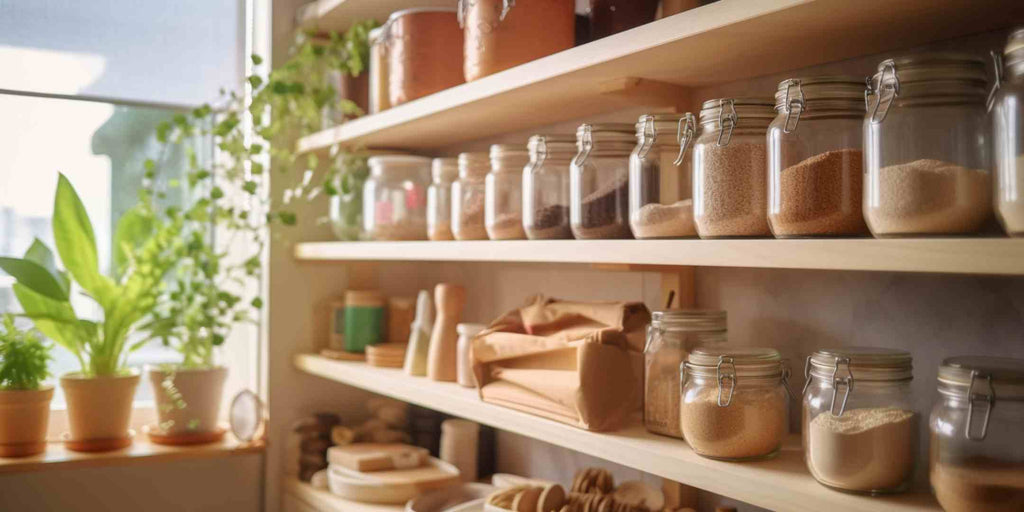 Image of open shelves in a kitchen stocked with baking ingredients, illustrating why adhering to a sequential order in house renovation is crucial for functionality and convenience, especially in a kitchen remodelling project