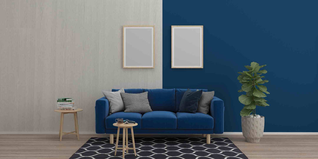 Split-screen image showing a room with a bright, neutral ambience on the left and a room with a warm, cosy ambience on the right, illustrating the significant role of space psychology in shaping the mood and feeling of a home's interior design