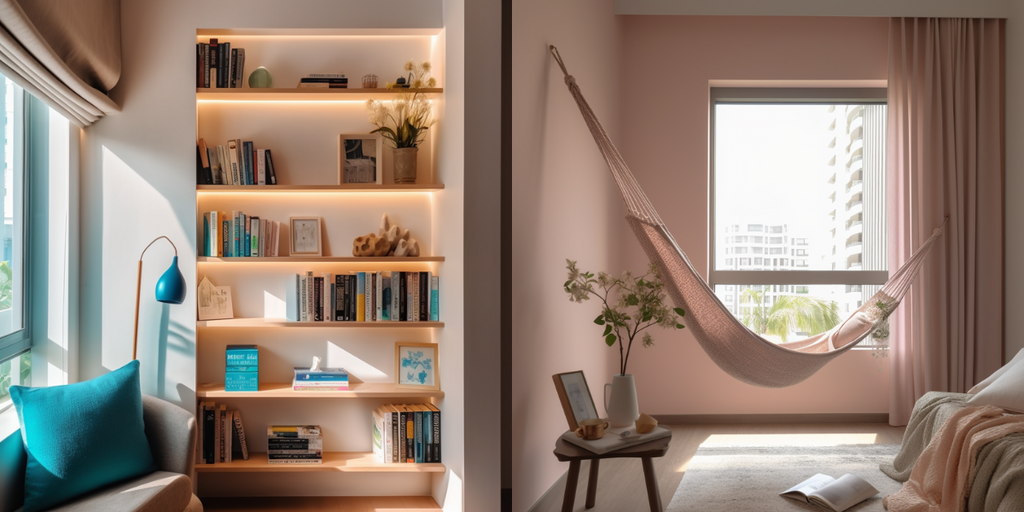 HDB bedroom corner with a hammock and bookshelf