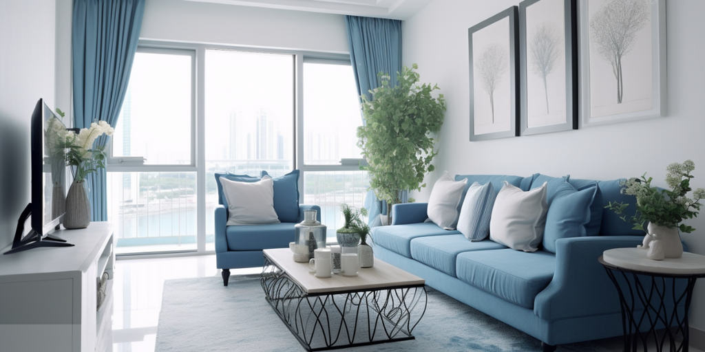 blue monochromatic HDB living room