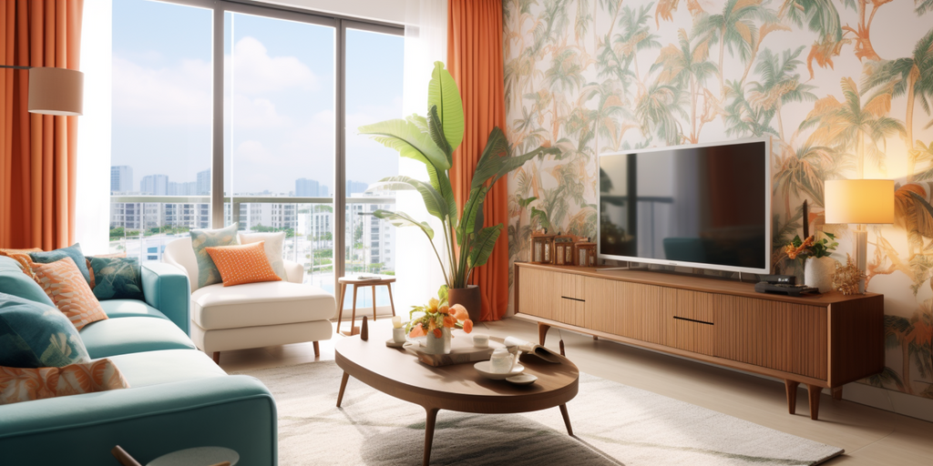 eclectic HDB living room with wallpapered wall