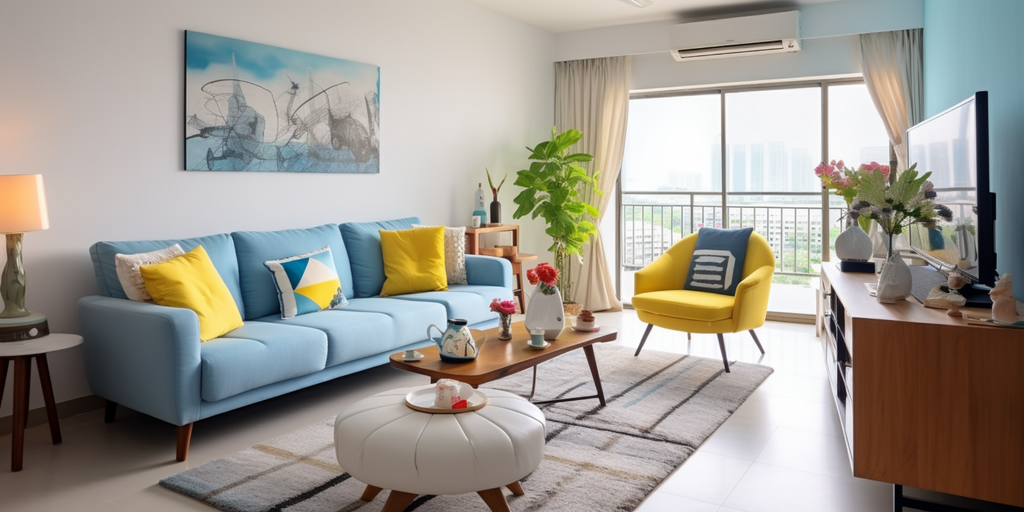 Eclectic HDB living room with accent wall