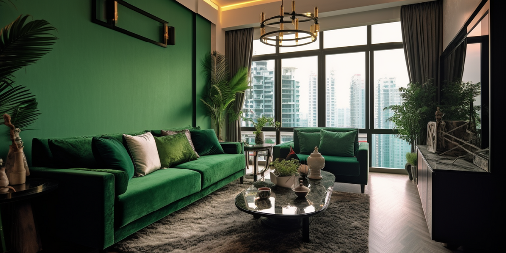 emerald green monochromatic HDB living room