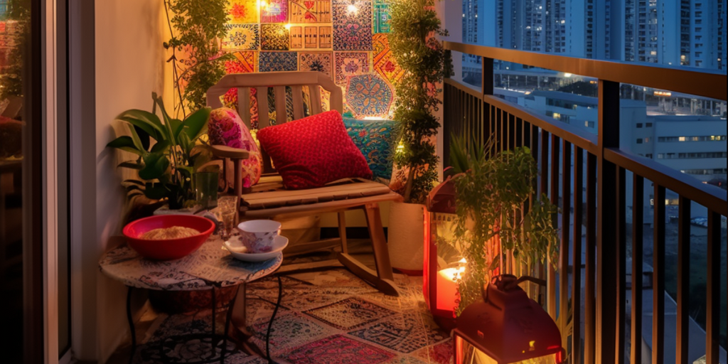 An enticing HDB BTO balcony dressed in Mediterranean-Boho style, showcasing a vibrant mix of patterns and earthy tones, with a focal point on an outdoor rattan sofa adorned with geometric cushions, complemented by Moroccan-inspired rugs, indoor plants in woven baskets, and cosy string lights, embodying the warm, eclectic energy of the evening