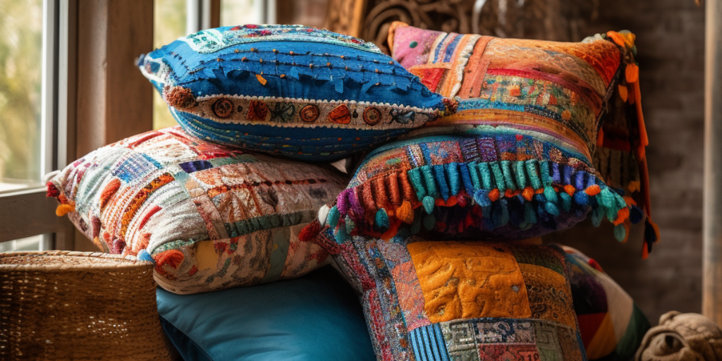 A collection of vibrant, patterned throw pillows nestled on an armchair in an HDB BTO renovation interior design, illustrating the final thoughts on embracing the Mediterranean-Bohemian style in your home decor, showcasing the unique patterns and colors that embody this eclectic design aesthetic