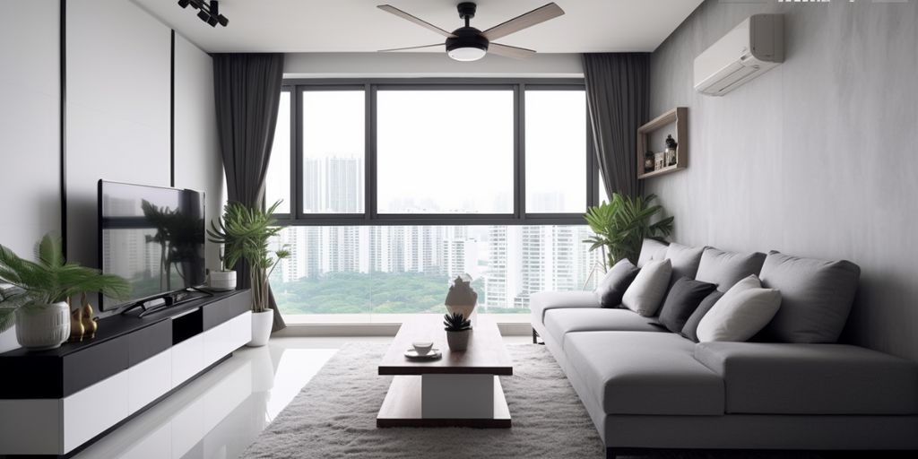 minimalist monochromatic HDB living room