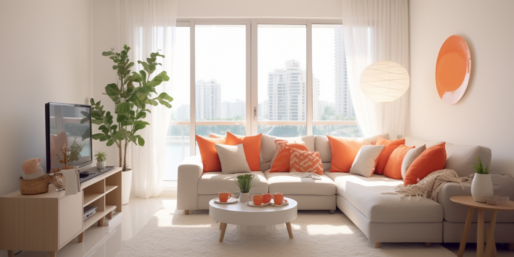 monochromatic HDB living room with orange accents