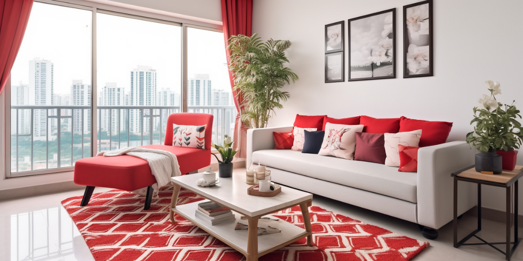 red monochromatic HDB living room with patterned rug