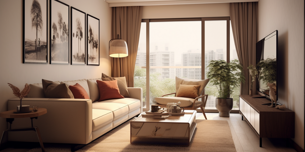 neutral-coloured monochromatic HDB living room