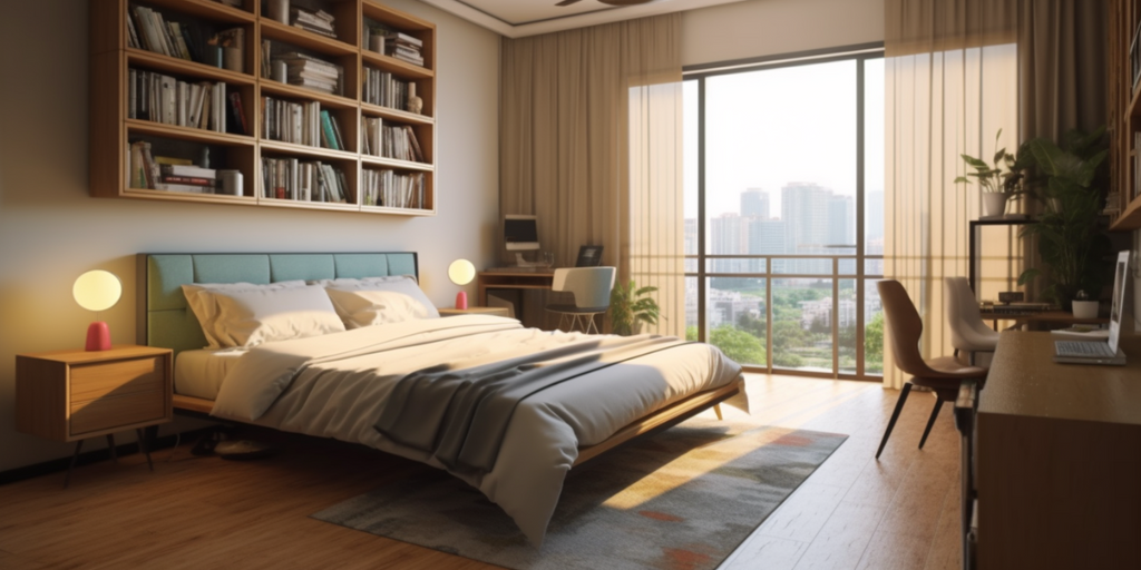 small HDB bedroom with earthy colour scheme