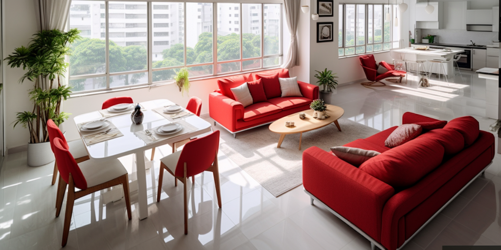 red open-concept HDB living room