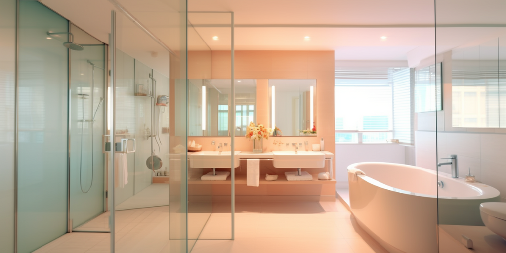 Open-concept bathroom with frosted glass panels